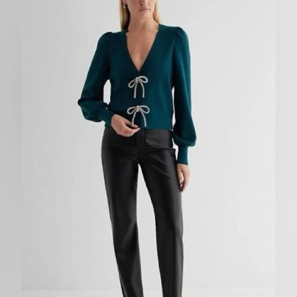 Express Teal Cardigan with Silver Rhinestone Bows - Picture 2 of 6